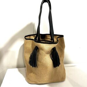 Neely & Chloe Raffia Straw Tote Bag Black Leather Trim & Tassels 15”